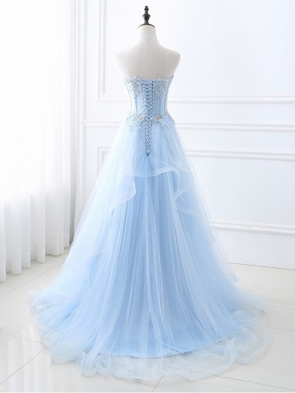 Strapless Light Blue Tulle Evening Gown - Picture 4 of 4